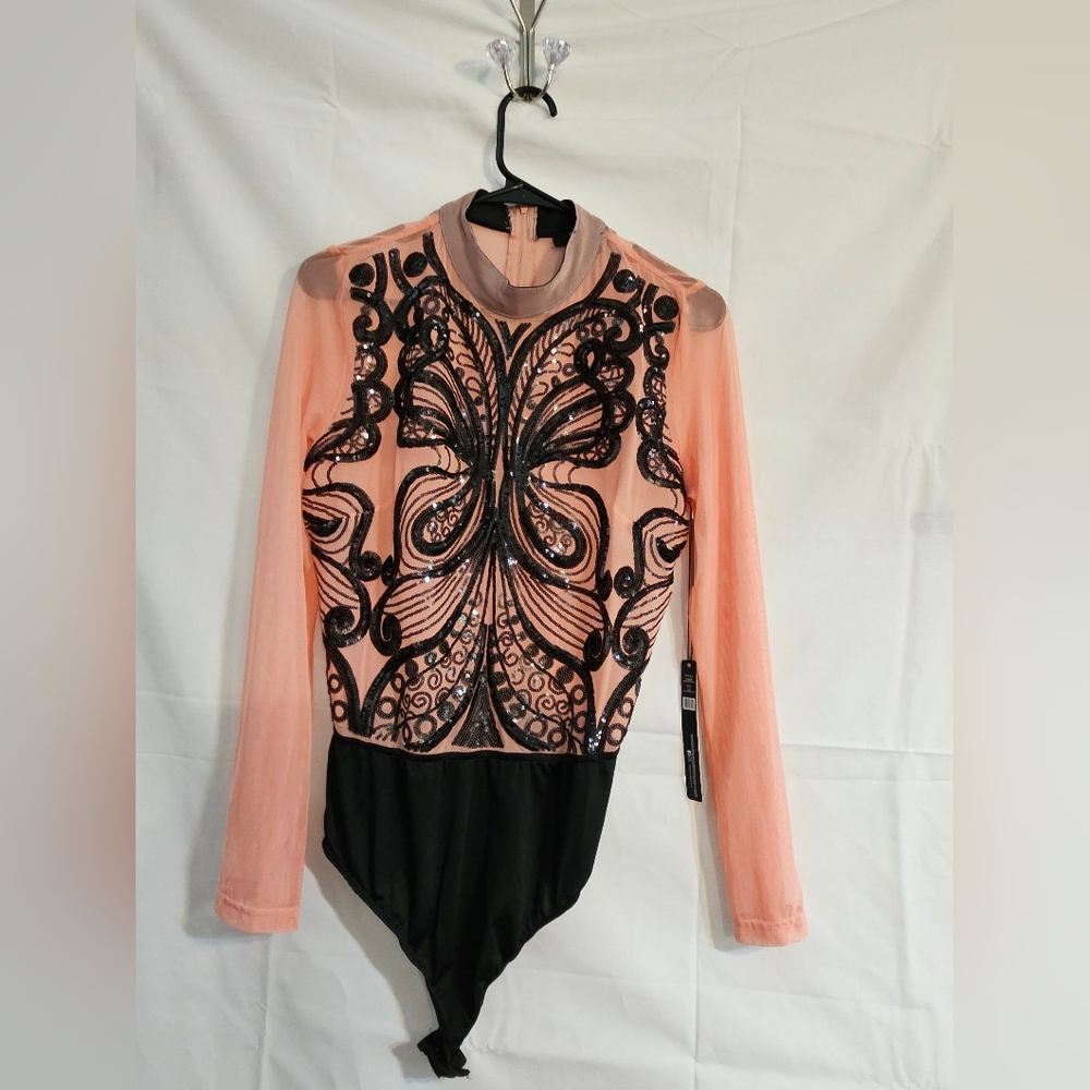 Elegant Black and Pink Butterfly Sequin Embroidered Bodysuit